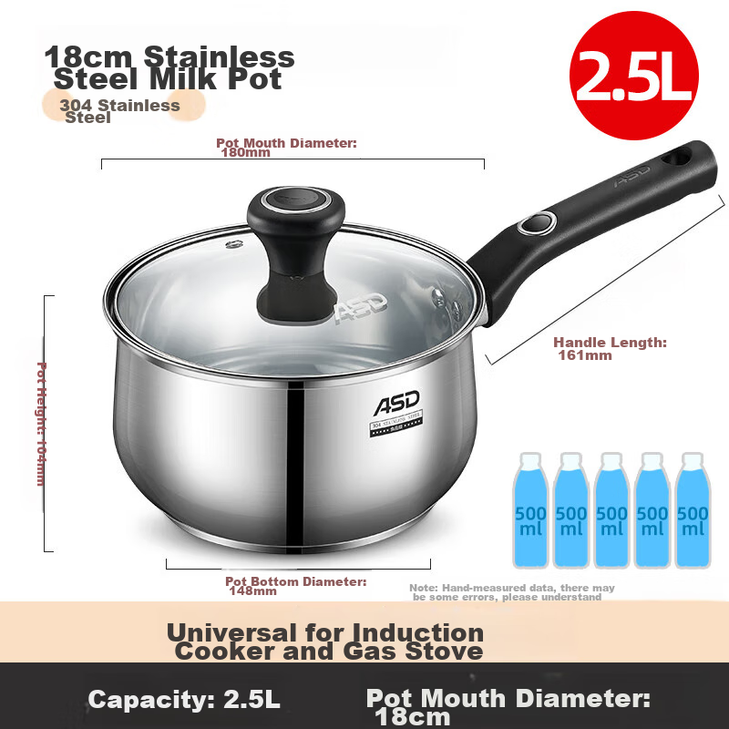 ASD Milk Pot, 304 Stainless Steel, 18CM Ramen Pot, Baby Food Pot, Small Pot, Compatible with Induction And Gas Stoves, NS18B1WG
