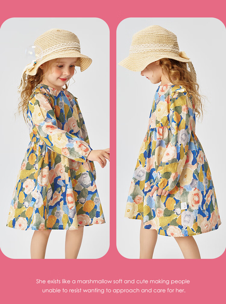 Classic Teddy Girls' Dress, Children's One-Piece Dress, Pure Cotton Princess Dress for Young Children, Floral Long Dress, Pink, Size 110 10