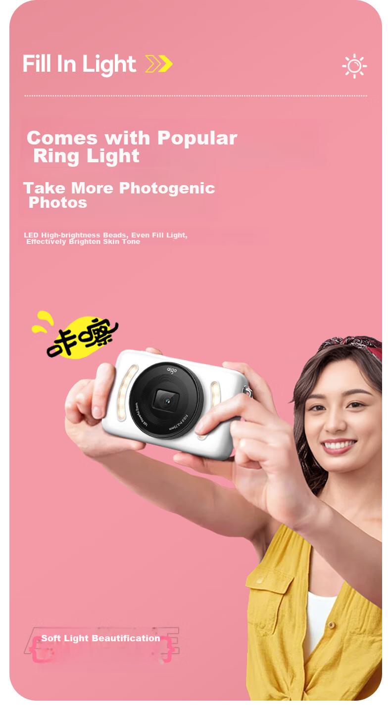 Aigo E3 Student Digital Camera, Compact Card Camera for Girls, High-Definition Campus Travel Birthday Gift Alternative, CCD Dual Rear Cameras with Selfie Function, 32GB Pink 5