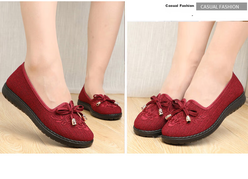 Weizhi Old Beijing Cloth Shoes, Women's Flats, Elderly Shoes, Soft-Soled Mom Shoes, Embroidered Chinese Style Slip-Ons WZ1034 Size 39 12