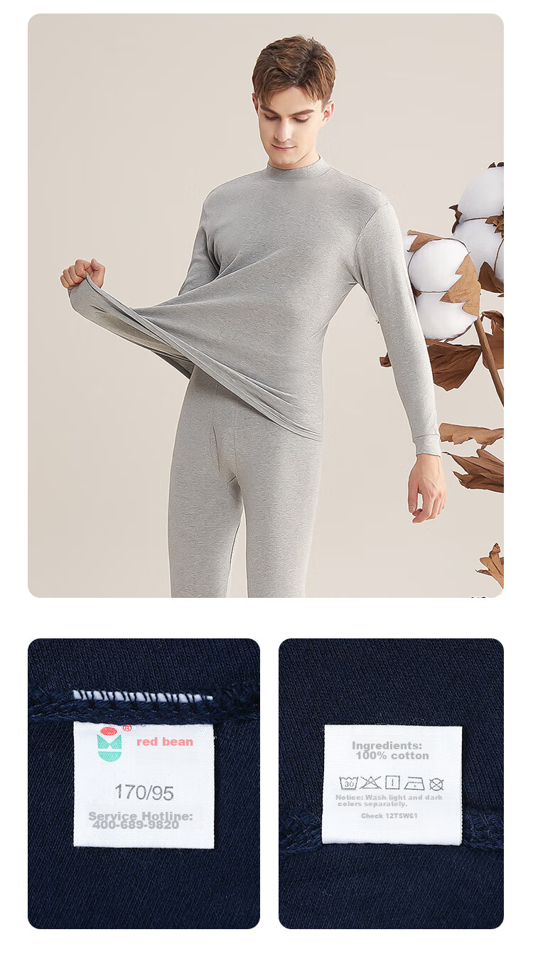 Hodo Men's Pure Cotton Thermal Underwear Set for Autumn, Semi-Turtleneck Base Layer for Middle-Aged And Elderly Men, Navy Blue, Size 185/110 19