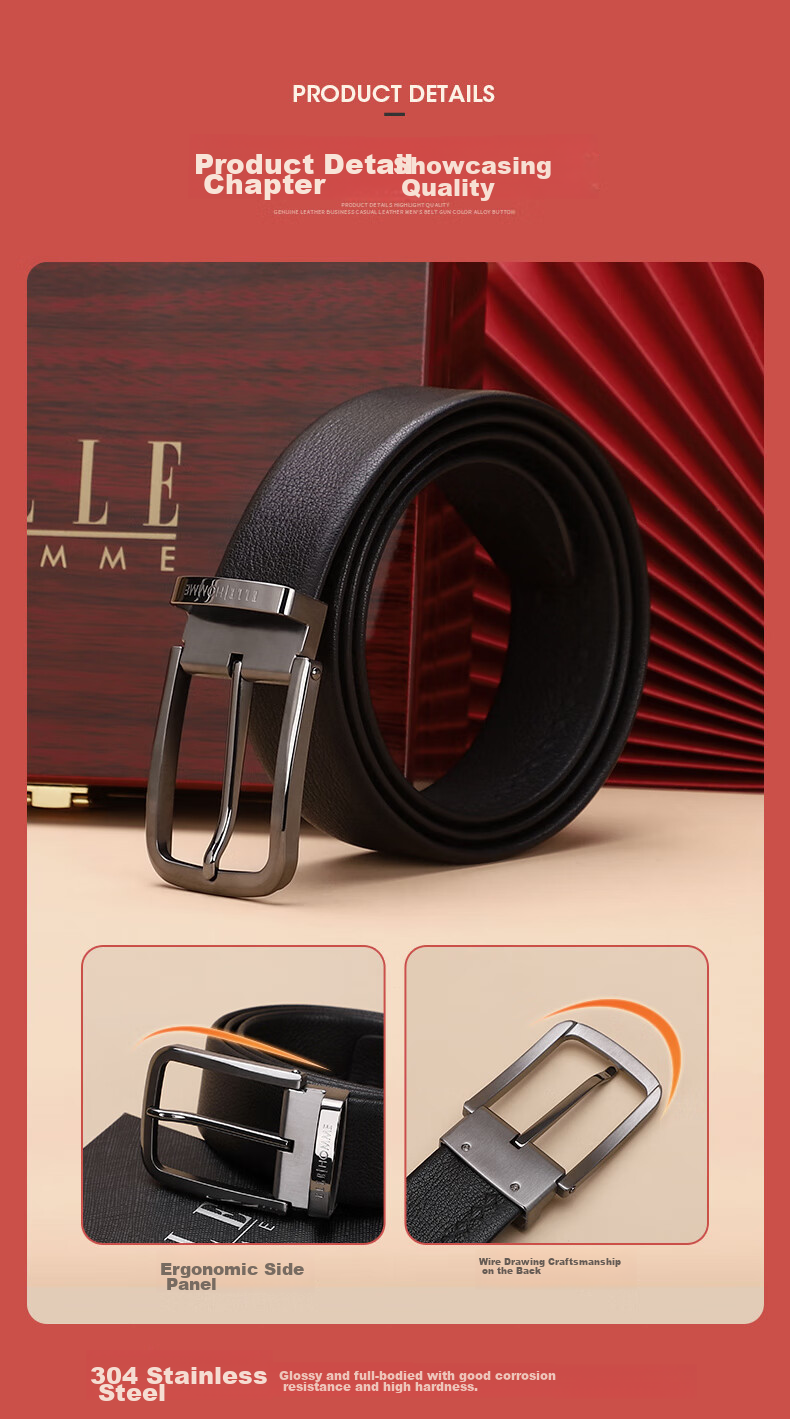 ELLE HOMME Men's Business Leather Belt, Top-Grain Cowhide Pin Buckle Waistband, 304 Stainless Steel Buckle Head, Birthday Gift for Me 5