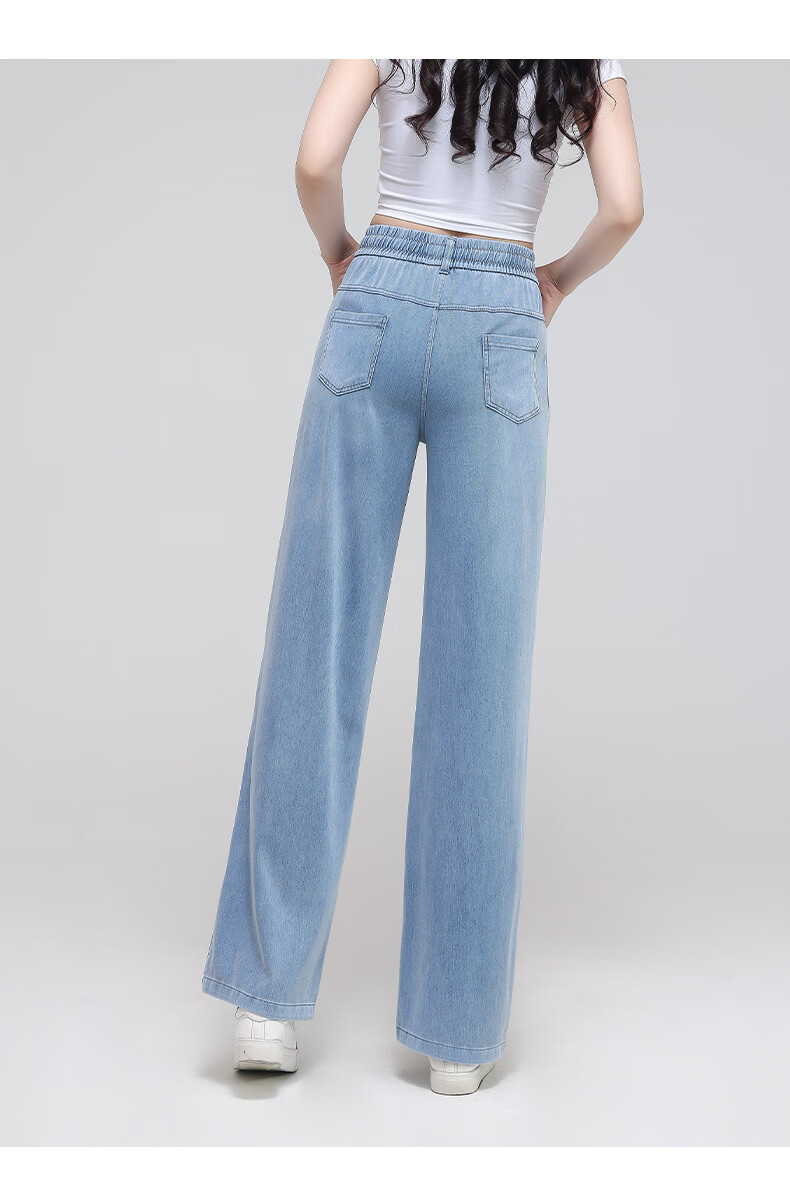 Meishi Summer Lightweight Tencel Denim Wide-Leg Pants for Women Casual Slim Straight-Leg Trousers 8006 Blue 3XL 3