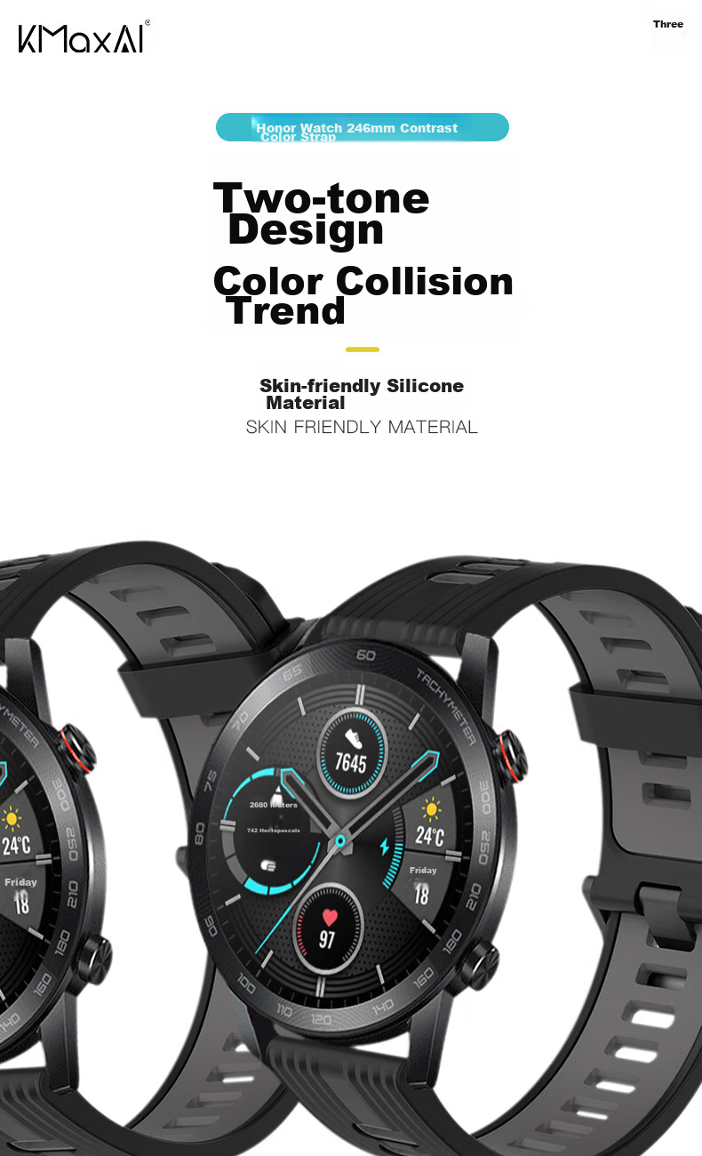 KMaxAI Compatible with Honor Watch GS/4 Pro/GS3i/Dream/2 Silicone Watch Band, 46mm Smartwatch Strap, Dopamine Smart Sports Watch Band, Contrasting Color Replacement Wristband, Black And Gray 1