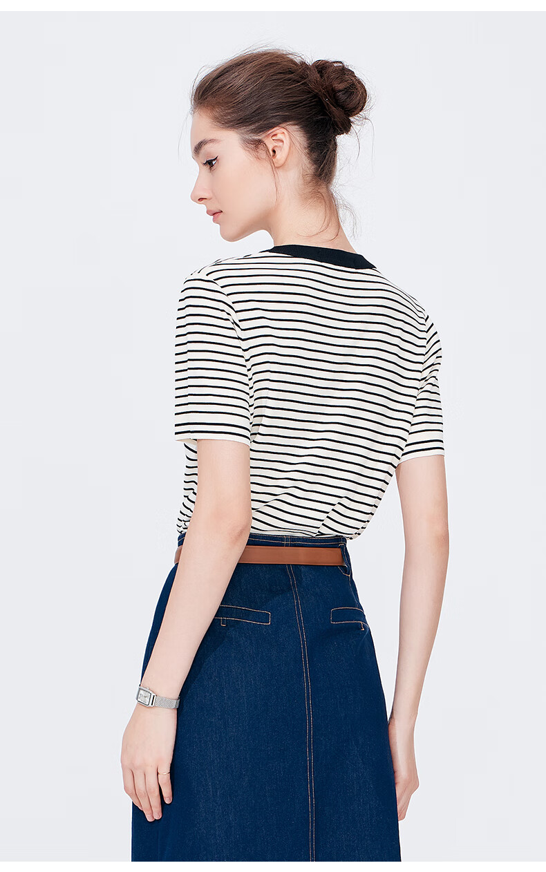 Navigare Women's Sailor Style Striped Short Sleeve Round Neck Knit Sweater 2324504501 18