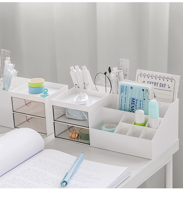 Sannianerban Simple Desktop Pen Holder Storage Box, Large Capacity Transparent Drawer Desk Ornament, Multifunctional Student Stationery Box Pencil Case, Ivory White Large Size 10
