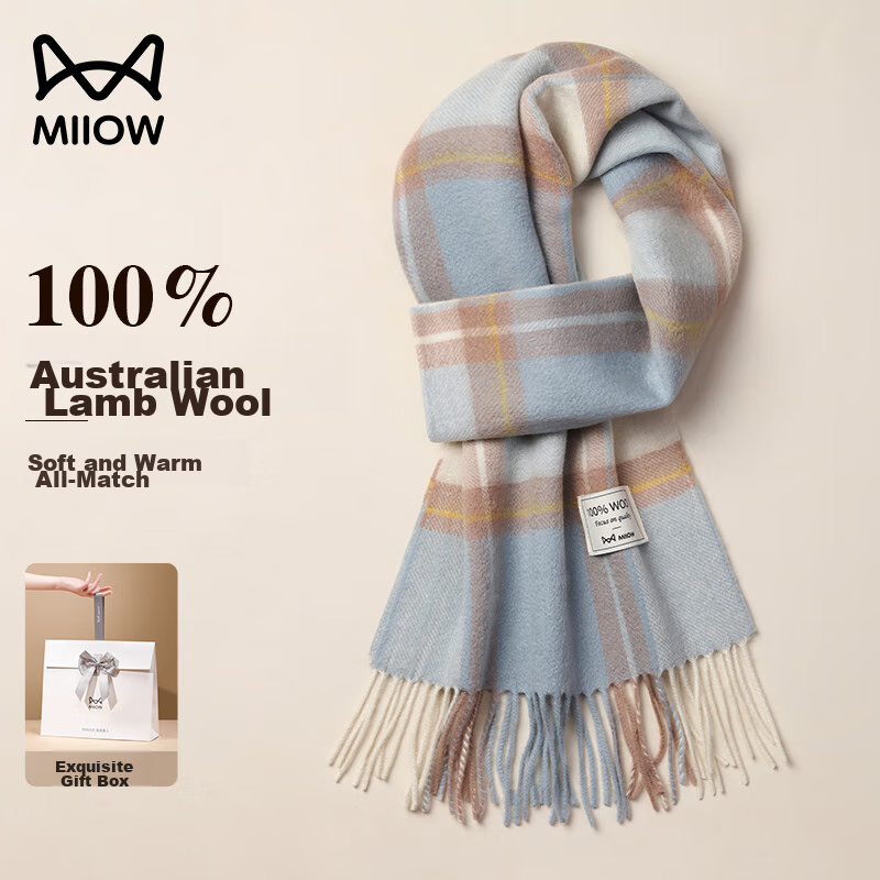 MiiOW Scarf for Women, Autumn And Winter Shawl, Pure Wool Plaid Neck Warmer, Gift for Girlfriend, National Day Birthday Present, New Year Gift Box