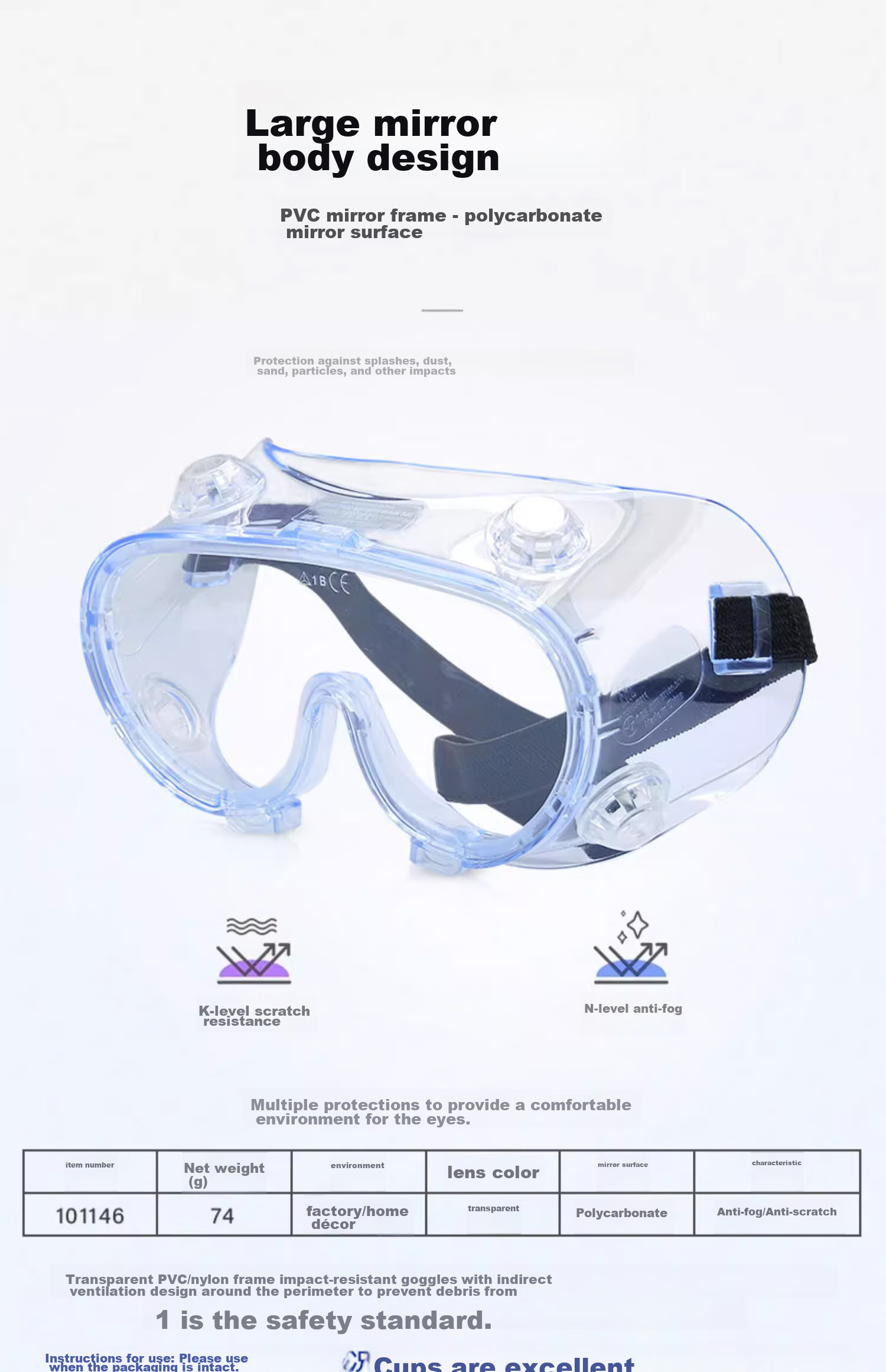 DELTA PLUS Goggles, Impact-Resistant, Anti-Fog, Windproof, Sandproof, Labor Protection, Splash-Proof, Dust-Proof, High-Definition Industrial Grinding Cutting Cycling Protective Glasses, 101146 Goggles (1 Pair) 2