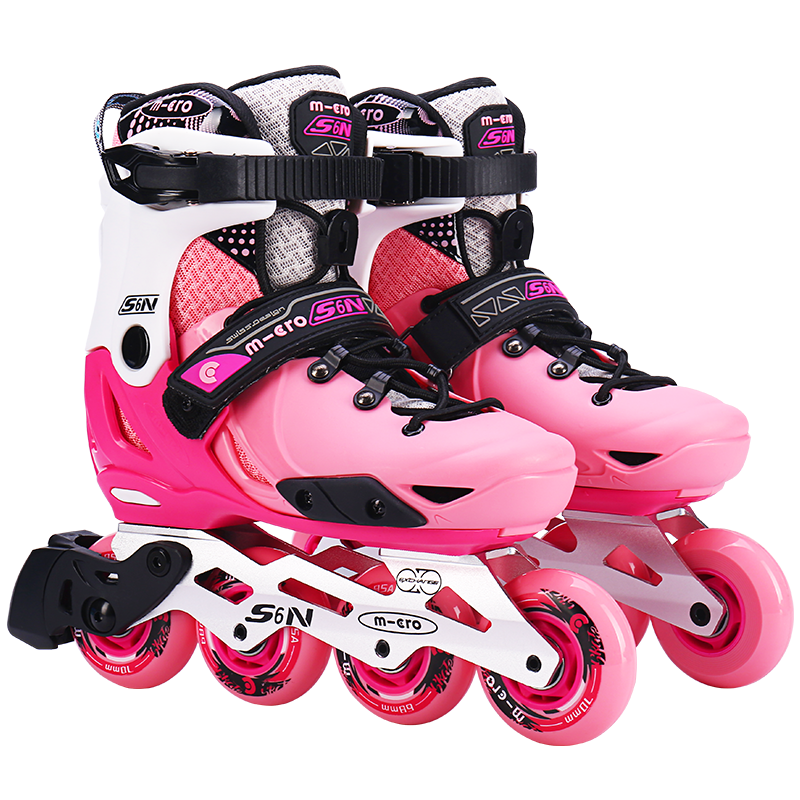 Micro Migu Roller Skates for Children, Boys And Girls, Hard Shell Flat Flower M-Cro Straight Row Inline Skates S6N Pink Set Size L