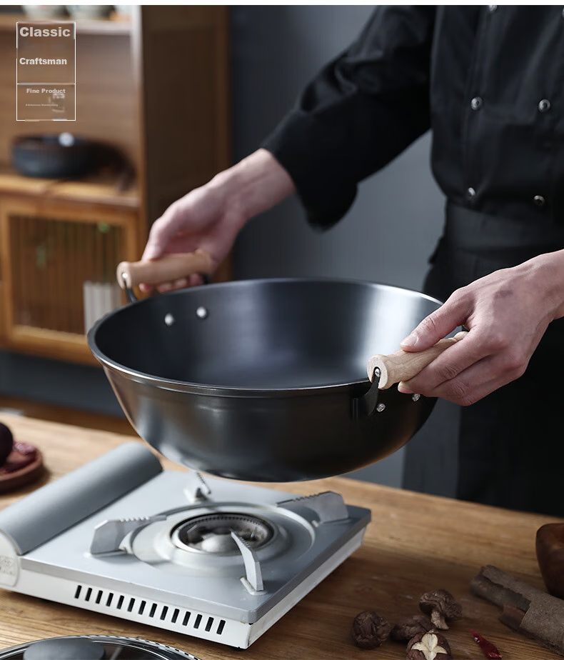 Dianjiang Cast Iron Wok, 34cm Traditional Uncoated Stir-Fry Pan, Non-Stick, Household Flat-Bottom Raw Iron Frying Pa 9