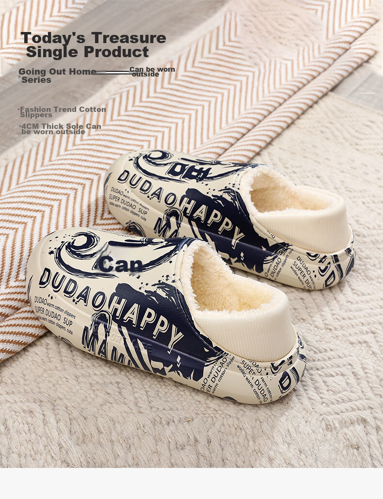 GUOLUOFEI National Trend Cotton Slippers for Men And Women, Outdoor Waterproof Non-Slip Indoor Thick-Soled Fleece-Lined Closed-Toe Cotton Shoes, Gray And White, Size 44-45 1
