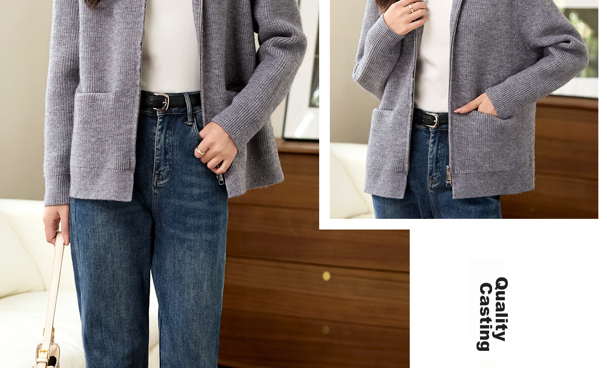 PinCai Women's Knitted Cardigan Autumn Winter Double Zipper Thickened Lapel Sweater Jacket P144Z9019 23