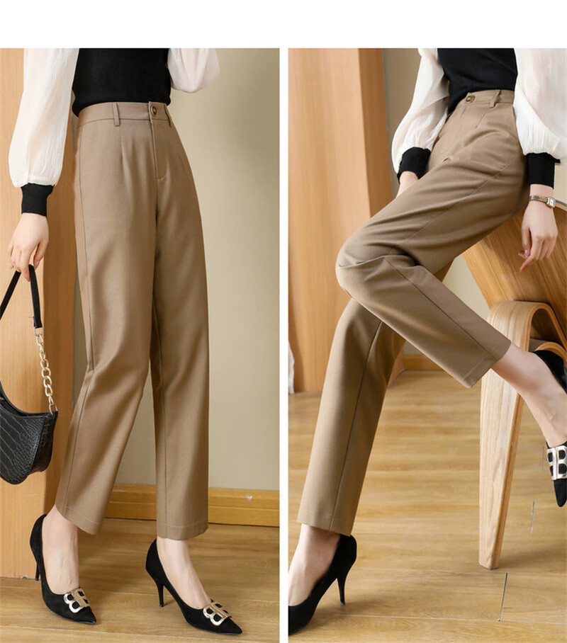 Dme Cropped Pants for Spring And Autumn, New Straight-Leg Suit Pants with Fake Pockets, Casual Trousers for Women, Khaki, S 58