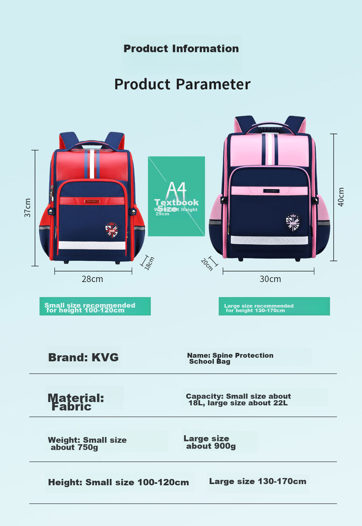 KVG Primary School Backpack for Grades 3-4 Children's Backpack British Style Lightweight Spine Protection Girls' Shoulder Bag 125cm Or More 14