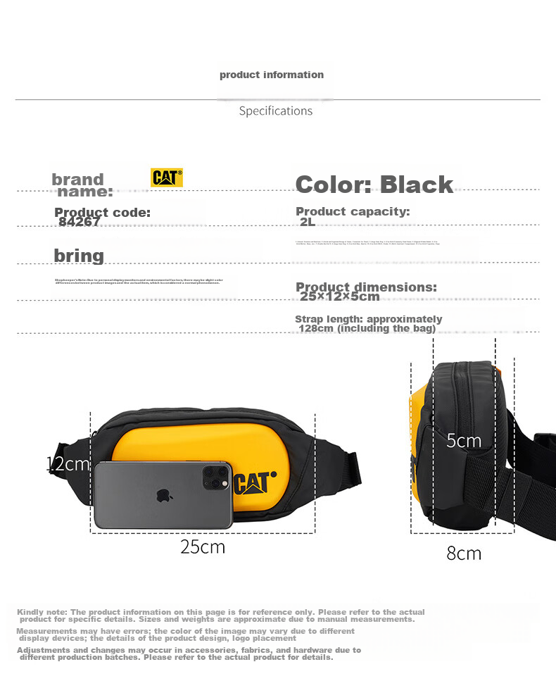 CAT Waist Bag, Chest Bag, Trendy Shoulder Crossbody Phone Bag, Hard Shell 3D Bag for Students, Birthday Gift for Men And Women, Black And Yellow, 84267 4