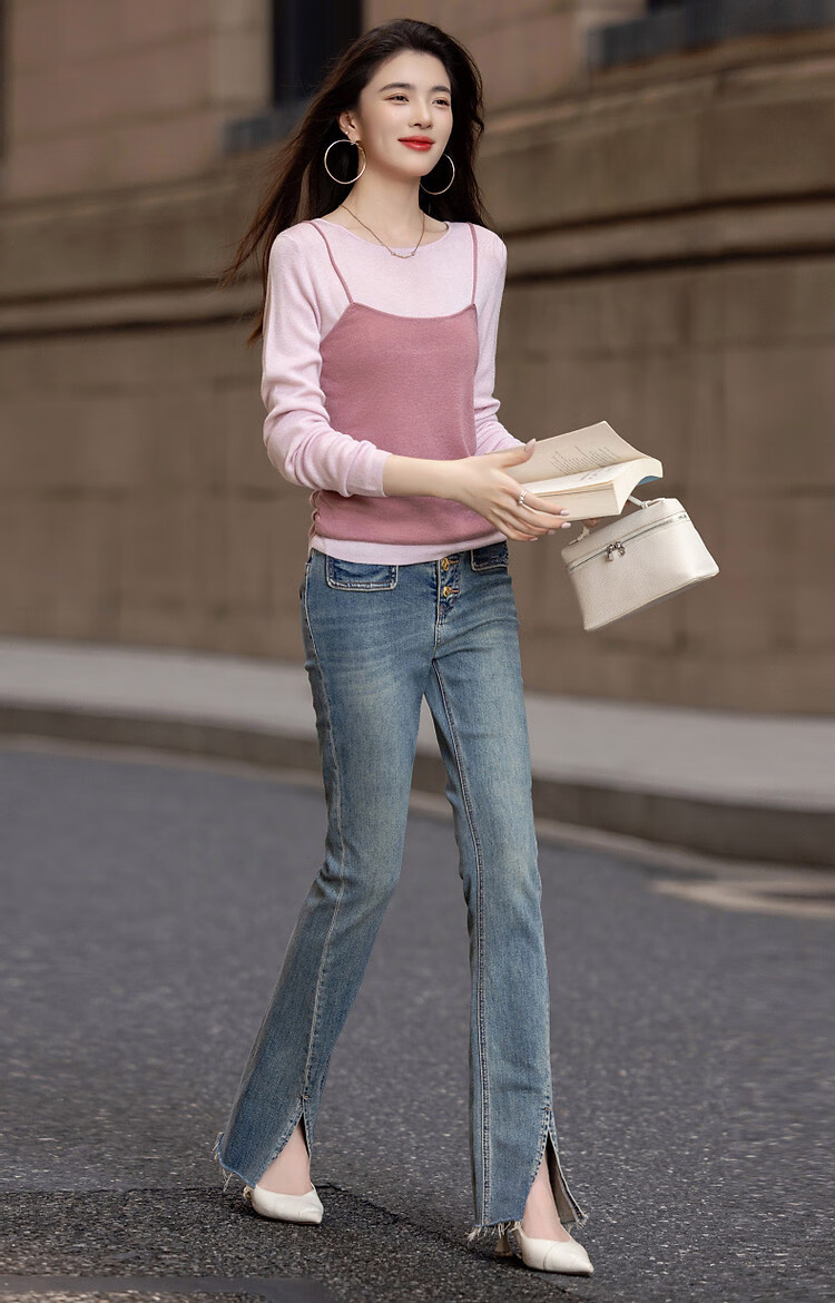 Dme [Raspberry Macaron] Spring And Autumn Girly Faux Two-Piece with Wool Sweater, Lightweight Knit Top for Young Wome 10