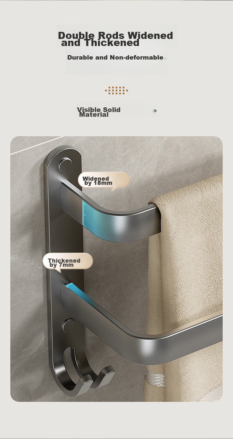 Baihan Towel Rack, Space Aluminum, No Drilling Required, Wall-Mounted Bathroom Storage Shelf with Hooks, Organizer Hanger Rod 4