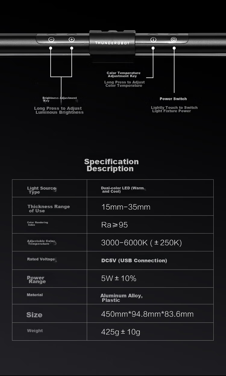 ThundeRobot Screen Hanging Lamp L1pro Computer Monitor Hanging Lamp Student Dorm Essential RGB Sound-Picking Backlit Lighting Effects Full Spectrum Eye Protection Smart Fill Light Gaming Desktop Reading Desk Lamp 15