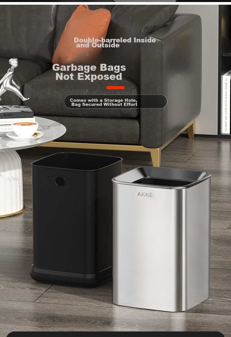 AKBK Stainless Steel Trash Can 15L Silver Large Square Bin for Living Room, Kitchen, Bathroom, Luxury Hotel, Office 8