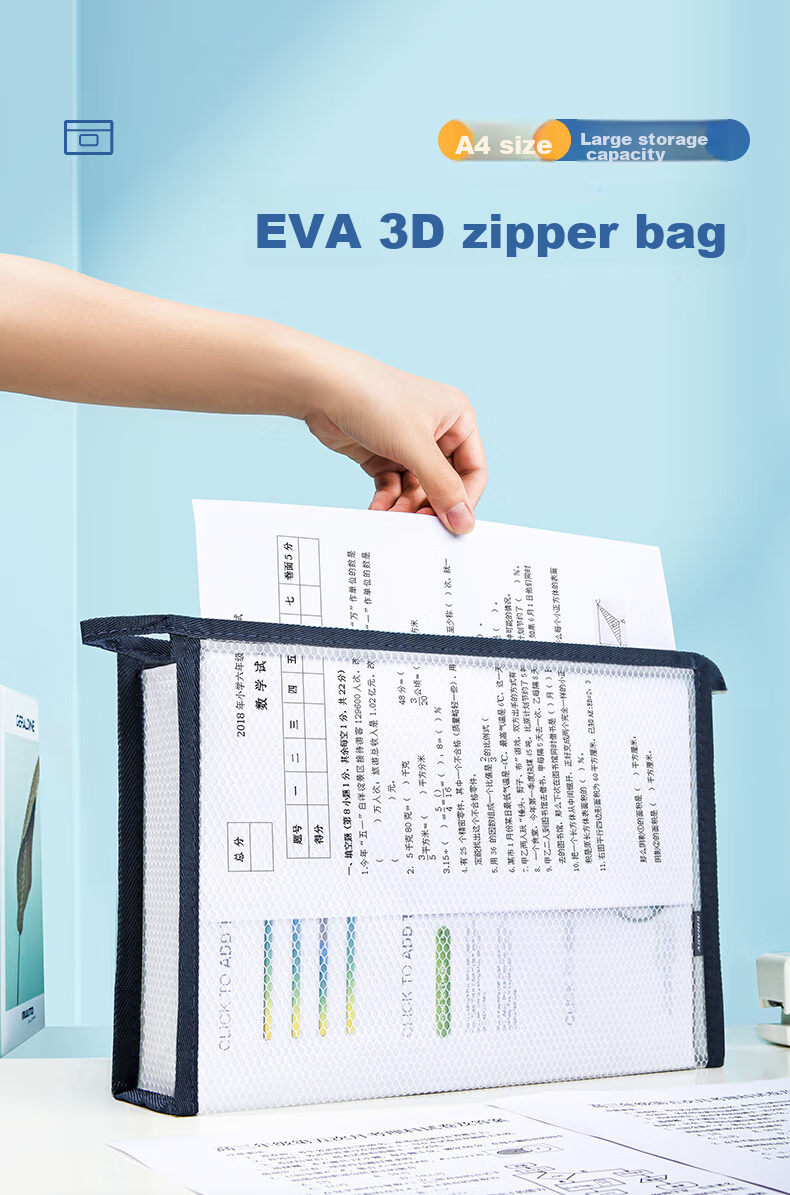 Jindeli A4 Transparent File Folder, Zipper Document Bag, Subject Classification Pouch, Homework Storage Bag, Handheld Elementary School Book Bag, Office Supplies Tutoring Bag, Exam Bag, Blue FB8726 1