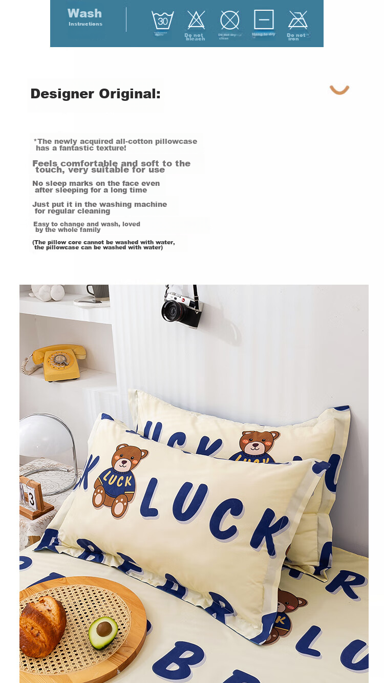 AVIVI 110g Washable Cotton Pillowcase + Pillow Set, Student Dormitory Hotel Home Use Pillow Core, Lucky Bear 2