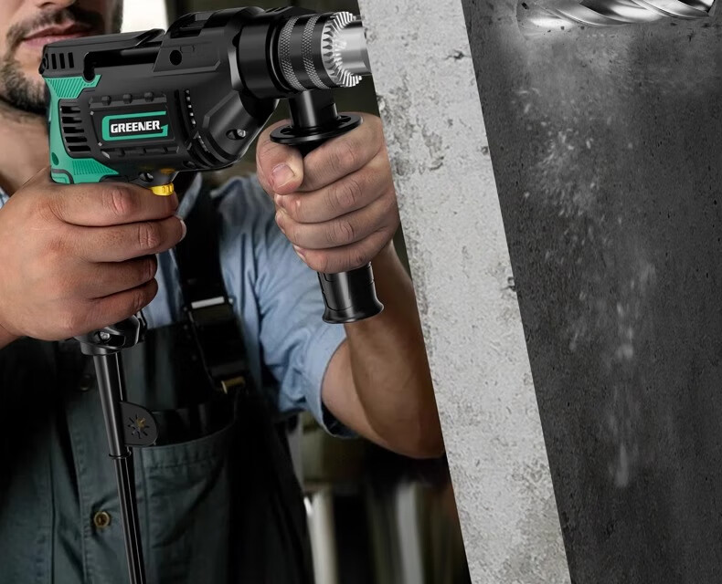 GREENER 710W Impact Drill, Electric Drill for Holes in Concrete, Household Electric Drill, Power Screwdriver, Wall Drilling, High-Power 8