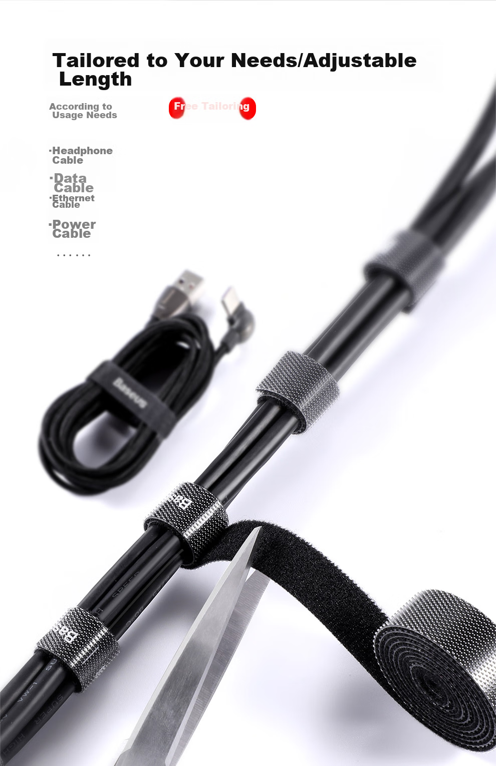 Baseus Computer Cable Management Strap with Velcro, Cable Organizer And Tidy Cable Wrap, Adhesive Nylon Hook Power Cord Cable Tie, Black 3 Meters 7