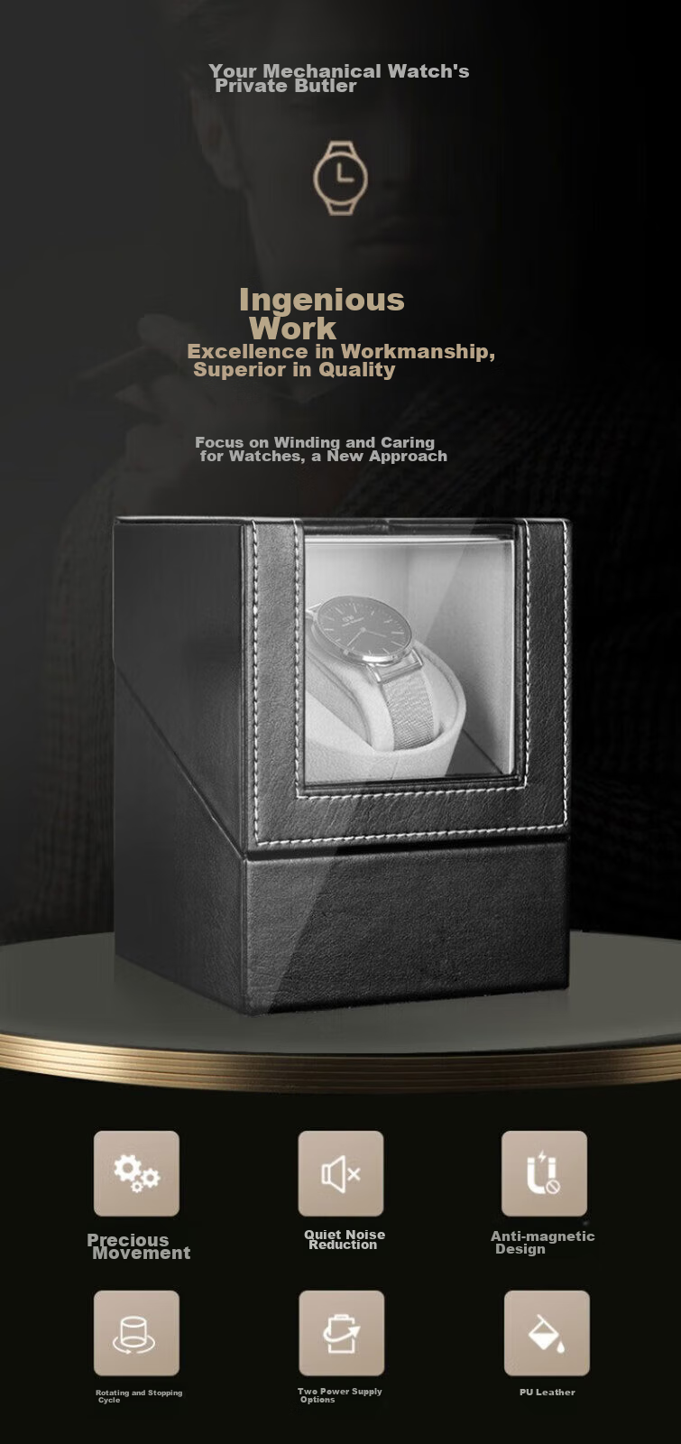 DUOJINJIANG Dual-Position Anti-Magnetic Silent Watch Winder, Leather Strap Interior Imported Core Watch, Moisture-Proof Storage Box, AI Intelligent Watch Care Device 1