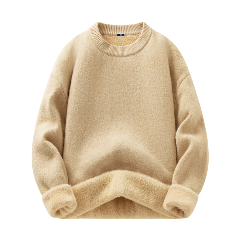 GENIOLAMODE Men's Fleece-Lined Sweater Winter Thickened Crew Neck Thermal Base Layer Knitwear Apricot M