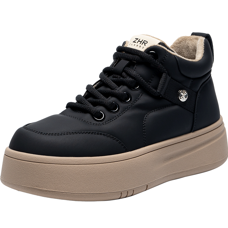 ZHR Cotton Shoes for Women, Winter Fleece-Lined Versatile High-Top Women's Shoes, Round Toe Thick-Soled Comfortable Casual Shoes for Women EJ38A Black 39
