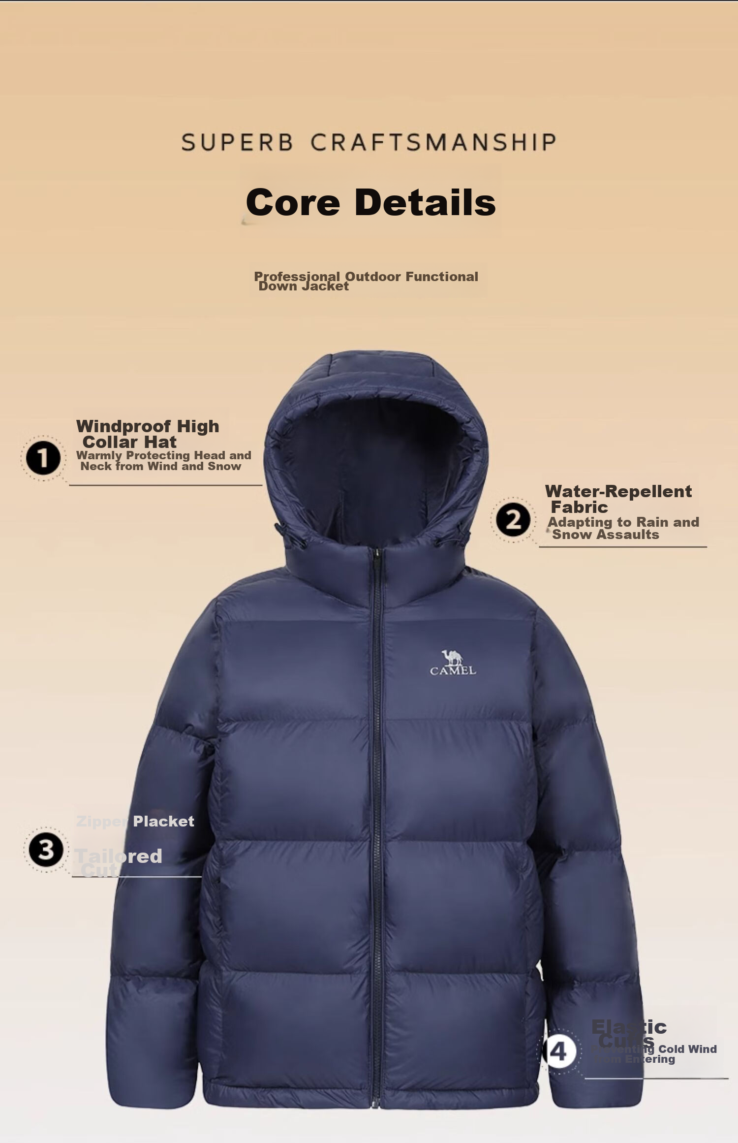 CAMEL [Hug] Winter Outdoor Water-Resistant down Jacket, 600 Fill Power, Unisex Thick Hooded Warm Puffer Coat 21