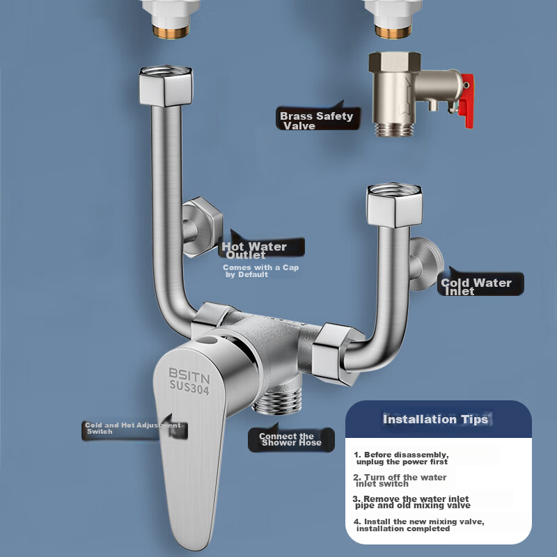 BSITN Electric Water Heater Mixing Valve, 304 Stainless Steel Shower Switch, Hot And Cold U-Shaped Valve, Surface-Mounted Shower Faucet Accessories, B039
