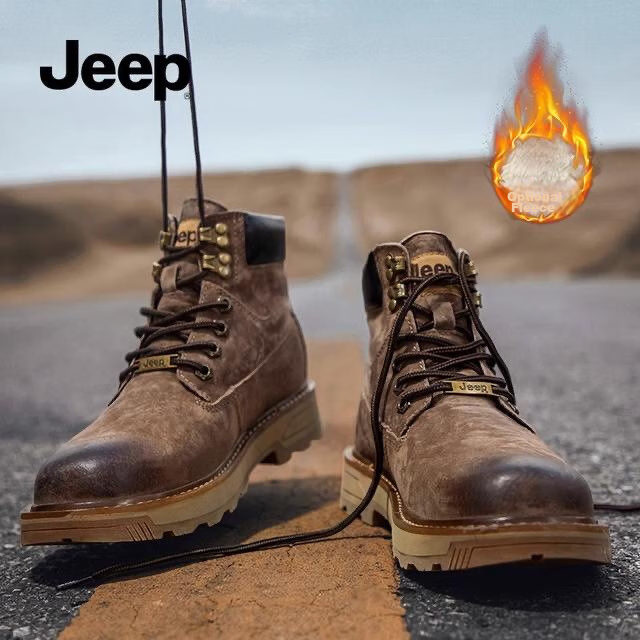 Jeep Men's Shoes, Durable Non-Slip Martin Boots, High-Top British Retro Style Work Boots, [Fleece-Lined], Khaki, Size 41