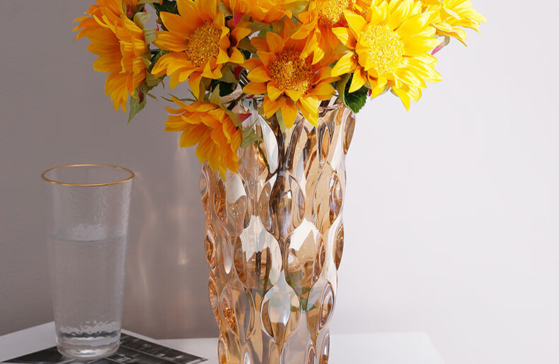 Shengshi Taibao Bohemian Crystal Glass Vase Transparent Hydroponic Container Flower Arrangement Table Decoration Amber 24cm 10