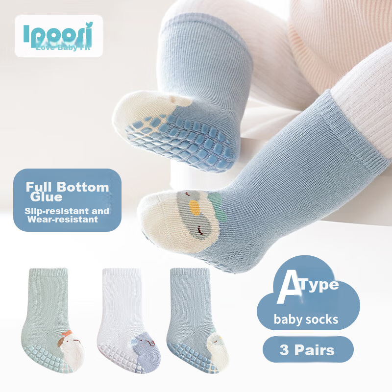 Aibaoshi Baby Floor Socks, Spring And Autumn Infant Socks, Indoor Walking Socks, Early Education Mid-Calf Socks, 3 Pairs, Size M, T044