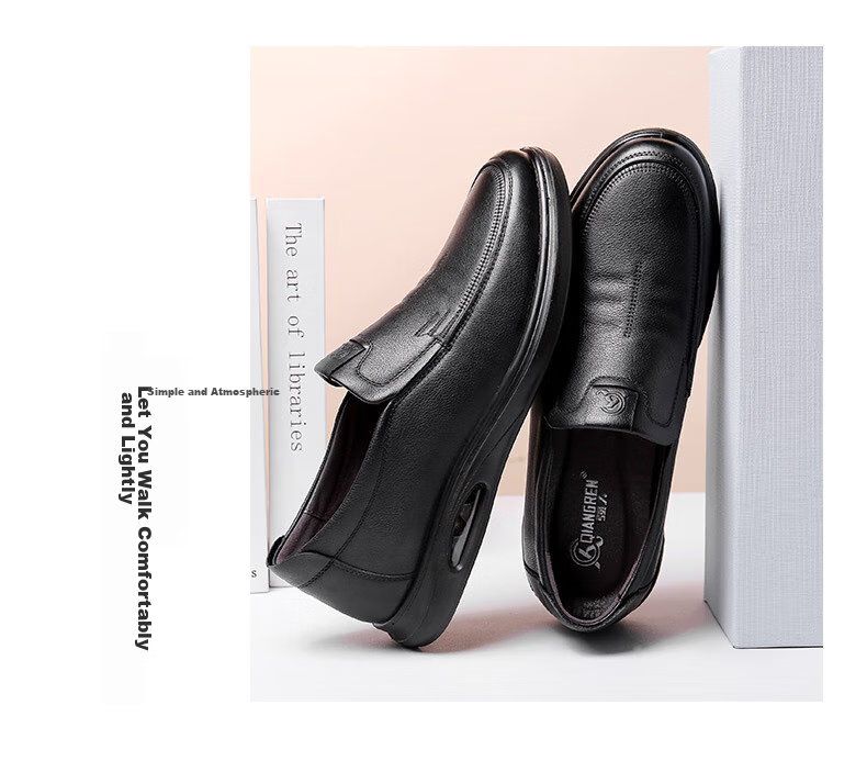 Qiangren Business Casual Shoes, Top-Grain Leather Slip-On Men's Shoes, Soft Upper And Sole, Work Dress Shoes, JD351047, Black, Size 40 12