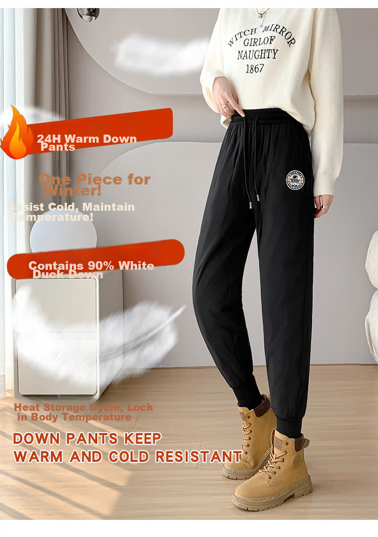 Yishangmei White Duck down Pants for Women, High-Waisted Fleece-Lined Thickened Harem Pants, Loose-Fitting Winter Outerwear, Black, 2XL 4