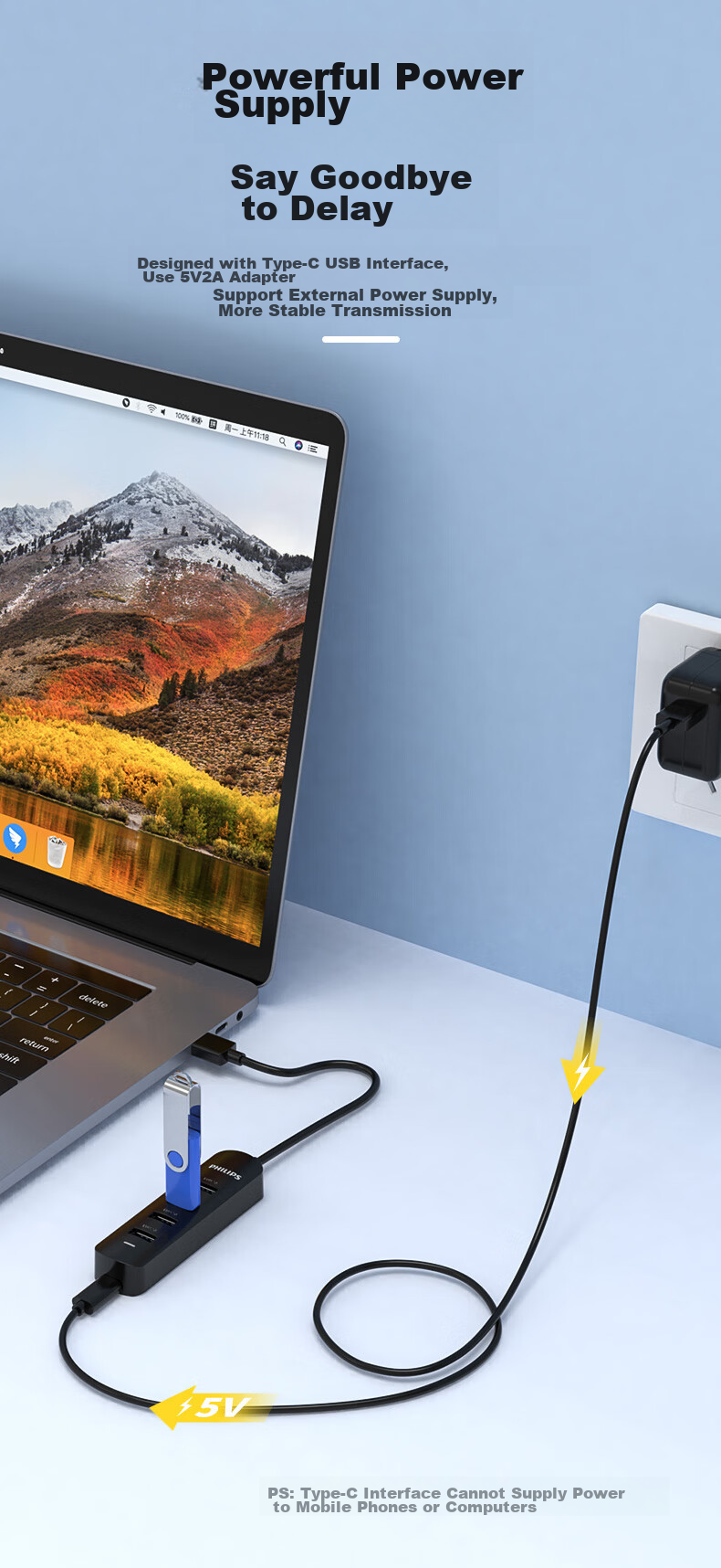 PHILIPS USB Hub 2.0 Four-Port Multi-Interface with External Power Supply Port, Huawei Laptop Desktop Computer 4-Port Hub Extender Converter Extension Cable, 2 Meters 4