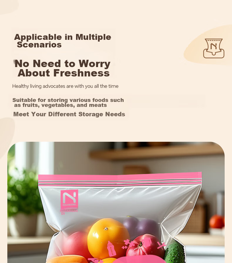 NOLANSEND Food Storage Bags, Medium Size, 50 Count, Double-Layered with Clip Chains, Airtight Sealing Bags for Kitchen Freezing Food 17