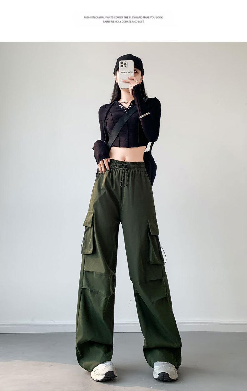 LangSha American-Style Parachute Cargo Pants for Women, Summer Ice Silk High-Waist Wide-Leg Loose Casual Quick-Dry Outdoor Sports Pants for Wome 36