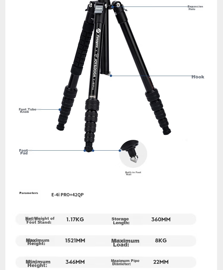 Fotopro E4I PRO+42QP & Joy Co-Branded Edition, Detachable Gimbal, Adjustable Monopod, Easy-Folding Panoramic Shooting Tripod for Mirrorless And Digital Cameras, Includes Phone Clamp 4