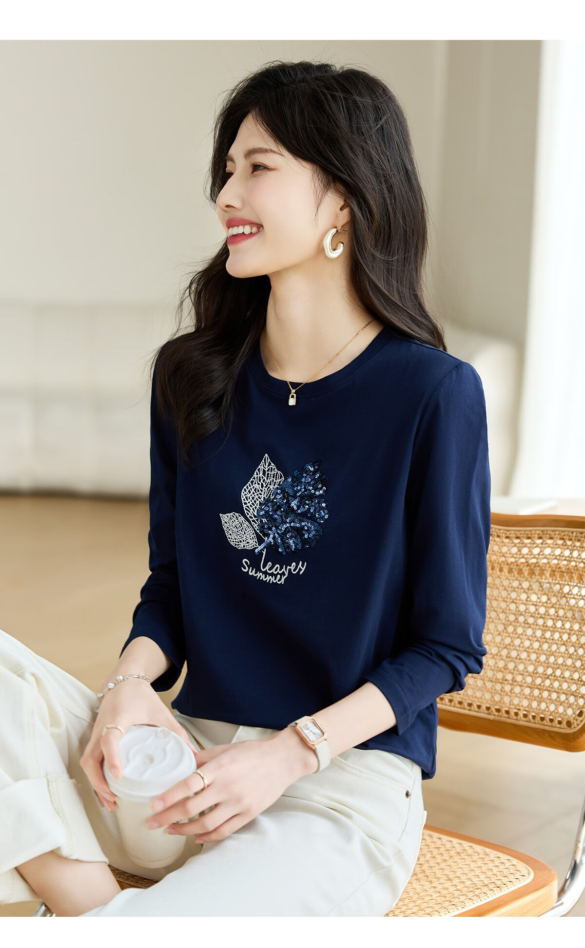 Taxiang Long-Sleeve T-Shirt for Women, Round Neck with Sequin Embroidery, Spring And Autumn Casual Versatile Ladies' Base Shirt T141T2719 10