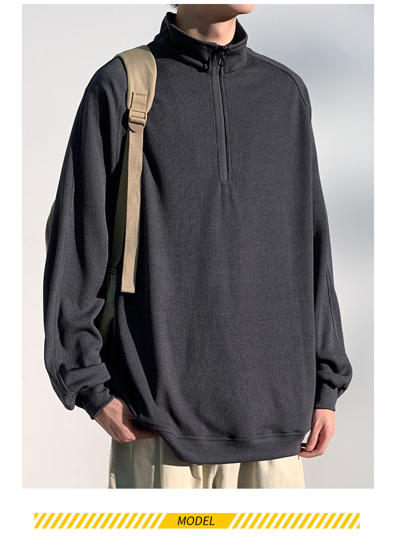 Homlean American-Style High-Quality Hoodie for Men, Autumn Loose-Fit Trendy Pullover Stand-Collar Half-Zip Base Layer HM06 Gray L 19