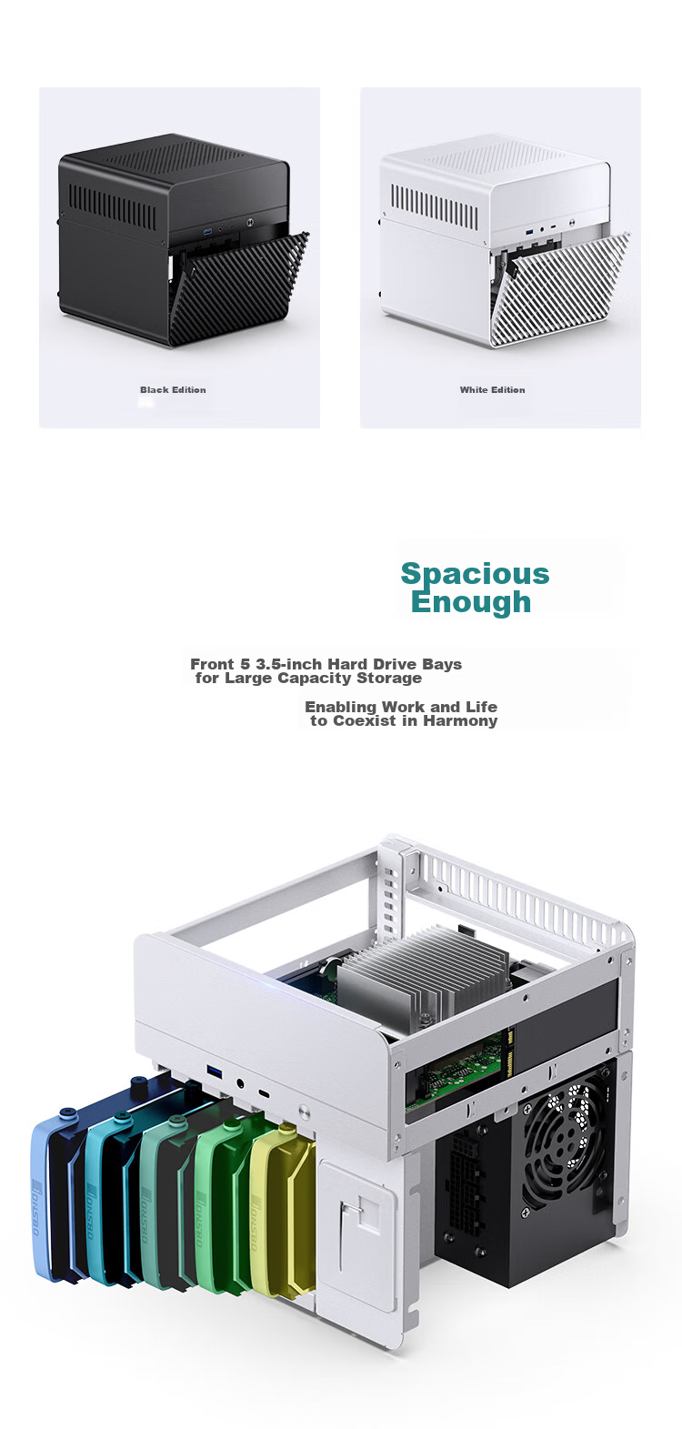 JONSBO N2 White Aluminum Case NAS Chassis (Supports ITX Form Factor, SFX Power Supply Position, Compartment Structure, 5+1 Hard Drive Bays, Includes 12CM Fan) 8