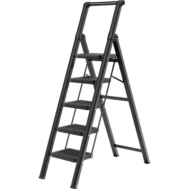 Cenggao Folding Ladder for Home Use, A-Frame with Handrails, Thickened Carbon Steel, Widened Steps, Yadian Black, Five Steps, Export Quality