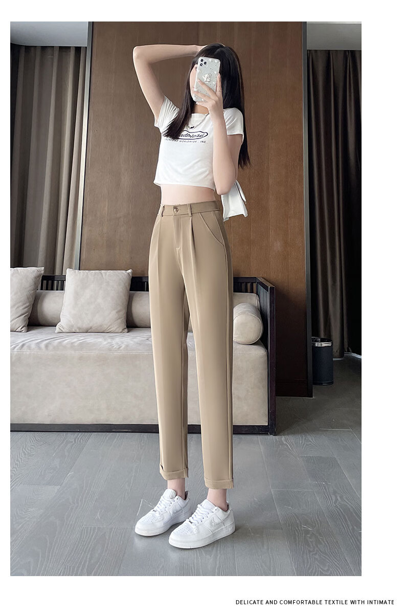 Langsha Casual Harem Pants for Women, Spring And Autumn High-Waist Straight Loose-Fit Slimming Commuter Suit Pants Chiffon Pants Cropped Pants 16