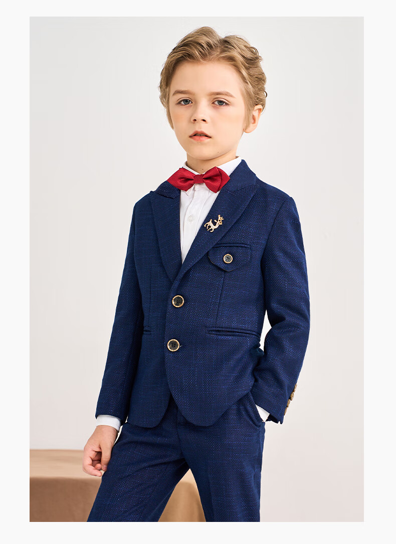 Romon Children's Suit Formal Wear Stylish British Flower Boy Set Boys Navy Blue Honeycomb Fleece Five-Piece Set Size 110 20