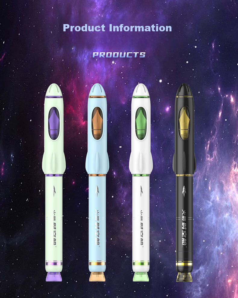 Dianshi Rocket Space Capsule Fountain Pen, Non-Splash F Nib, Third Grade Student Handwriting Practice Calligraphy Fountain Pen, Non-Heat Erasable, Back-To Season, Replaceable Ink Cartridge 7157 (Black Barrel), Magic Liquid Erasable Blue 15