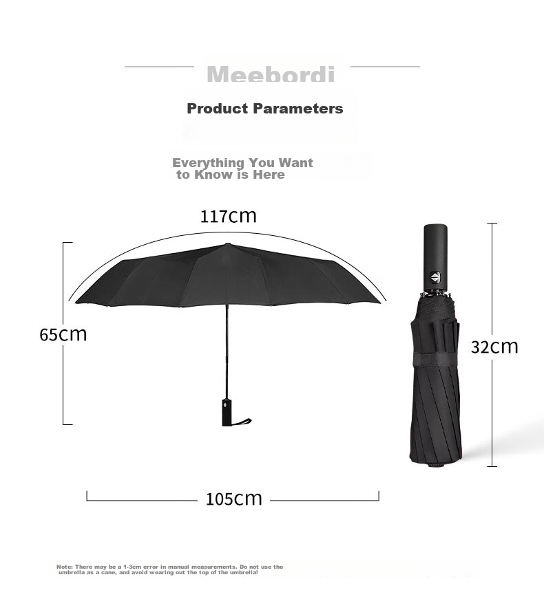 Meebordi Fully Automatic Umbrella, Tri-Fold, Extra Large, Windproof, Reinforced And Upgraded, Men's Business Folding Umbrella, Customizable 16