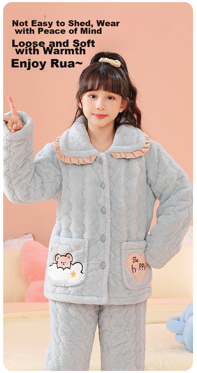 MiiOW Coral Fleece Padded Children's Pajamas, Girls' Loungewear, Cotton Jacket for Autumn And Winter, Three-Layer Thickened, for Older Children, Warm, 120cm 10